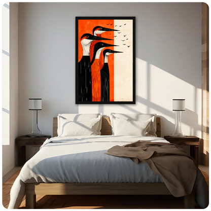 Framed artwork of four long billed black and cream birds above a neutral bed between two bedside lamps.