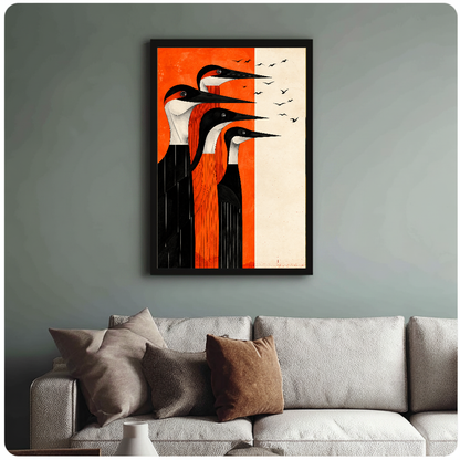 Framed artwork of four long billed black and cream birds above a sofa with muted cushions.
