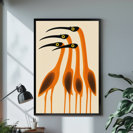 Black framed canvas depicting four orange long necked birds on a bright desk with a lamp.