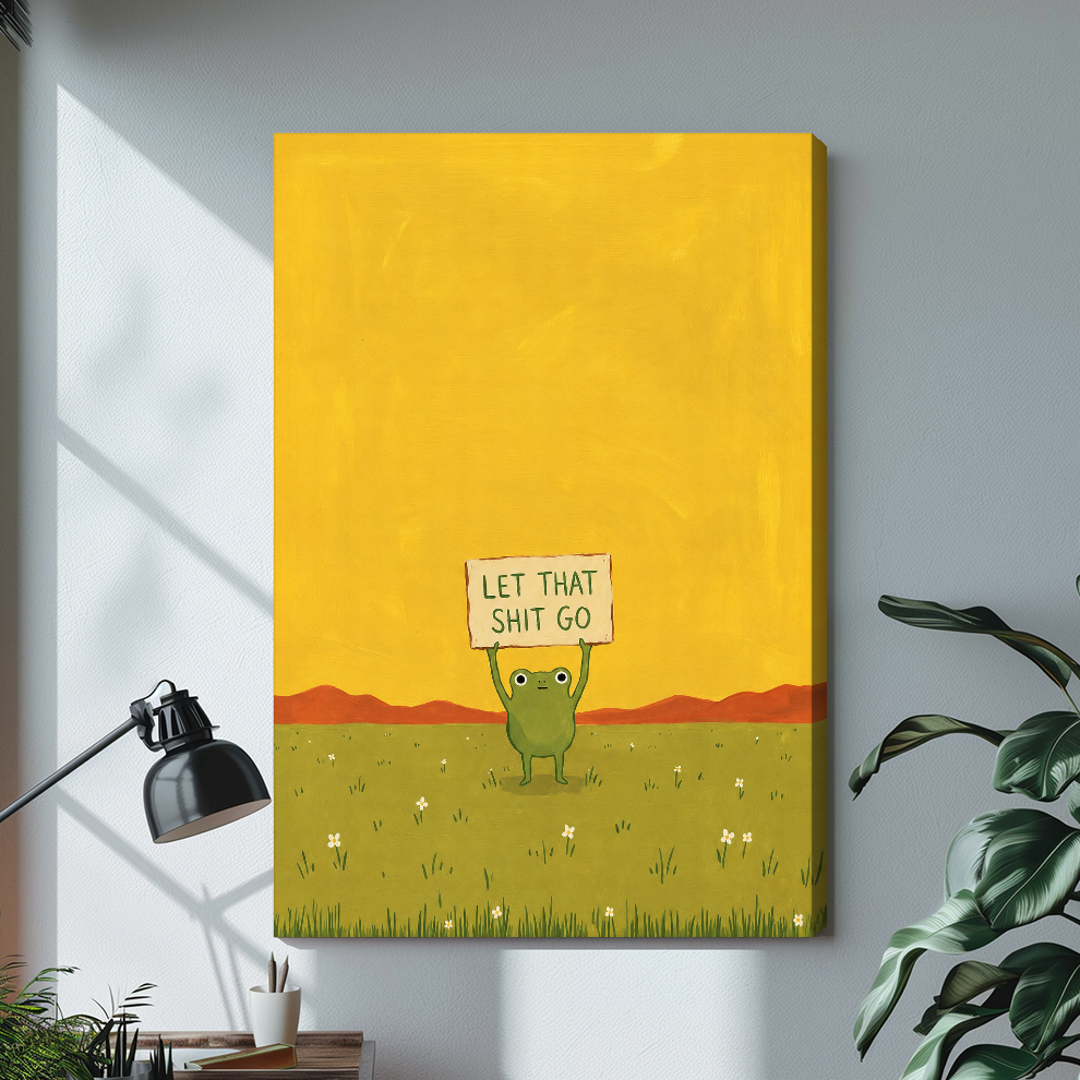 Stretched canvas depicting a green frog holding a humorous sign displayed on a bright desk with a lamp.