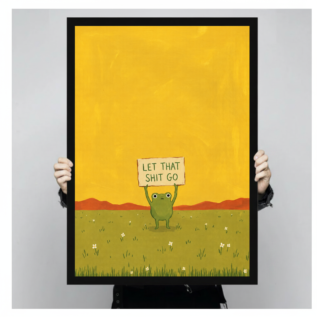 Framed artwork of a green frog holding a humorous sign held by a person against a pale backdrop.