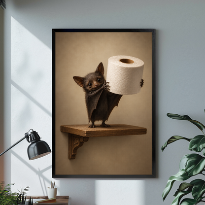 Black framed toilet paper bat canvas above a bright desk with lamp and green plant.