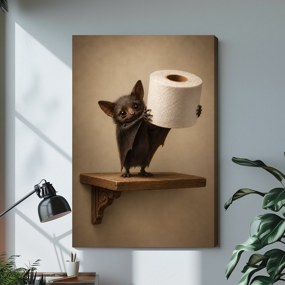 Stretched toilet paper bat canvas above a light desk, showing a shaded wrapped side edge.