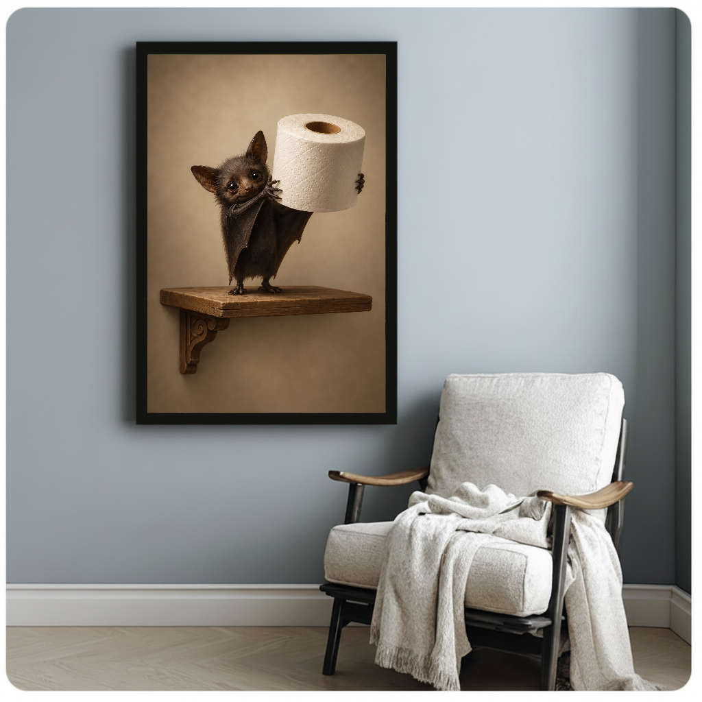 Framed toilet paper bat artwork beside a pale reading chair against a blue-gray wall.