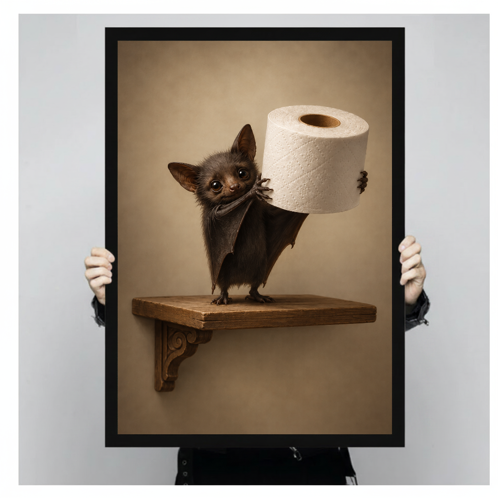 Person holding black framed toilet paper bat artwork against a plain pale background.