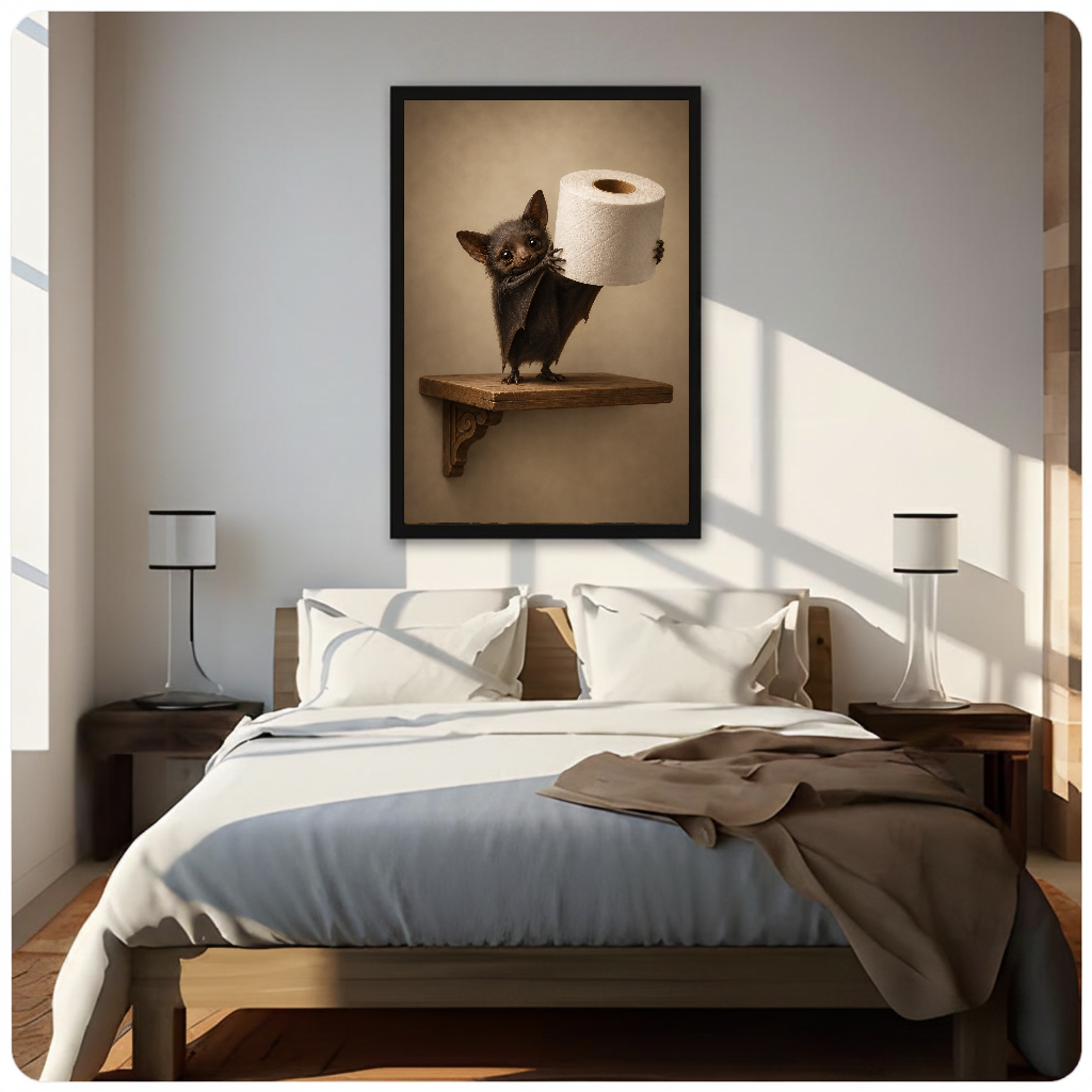 Toilet paper bat canvas above a neutral bed with lamps and soft window light.