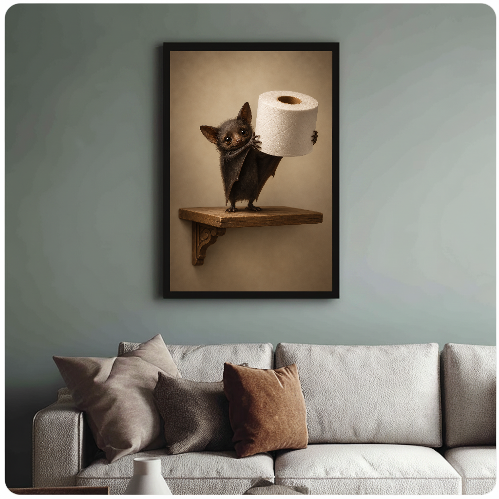 Framed toilet paper bat painting above a sofa with muted cushions against a green-gray wall.