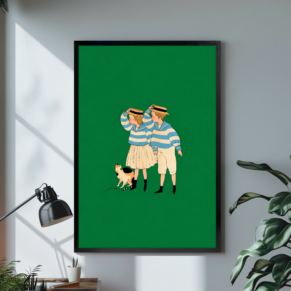 Black framed canvas depicting two striped companions and a calico cat on a bright desk with a lamp.