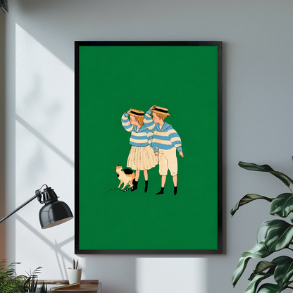 Black framed canvas depicting two striped companions and a calico cat on a bright desk with a lamp.