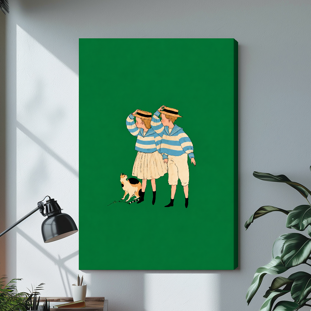 Stretched canvas depicting two striped companions and a calico cat displayed on a bright desk with a lamp.