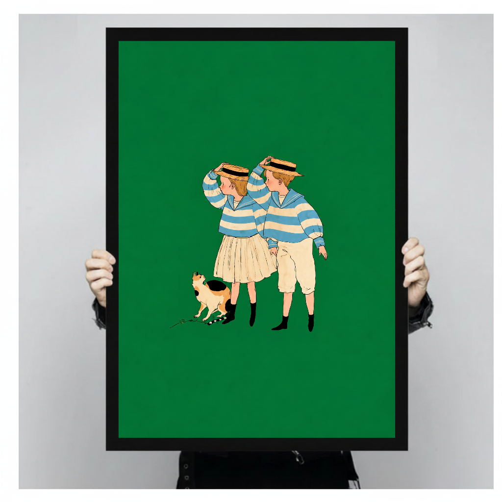 Framed artwork of two striped companions and a calico cat held by a person against a pale backdrop.
