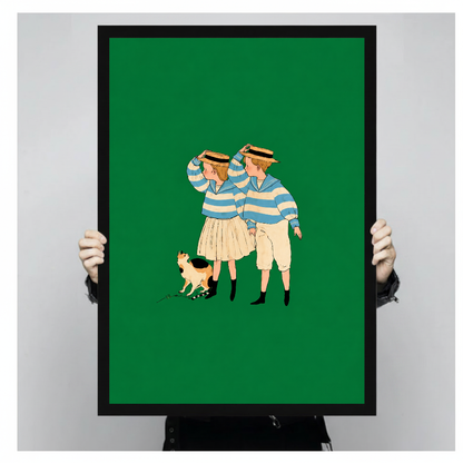 Framed artwork of two striped companions and a calico cat held by a person against a pale backdrop.