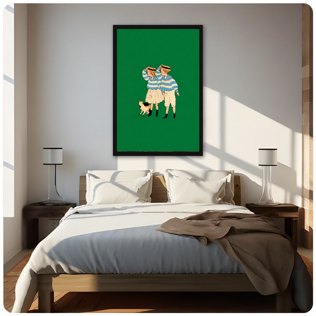 Framed artwork of two striped companions and a calico cat above a neutral bed between two bedside lamps.