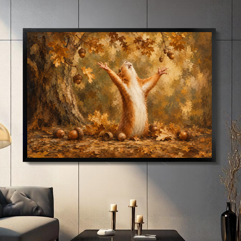 Black framed canvas depicting a squirrel raising its paws among autumn leaves on a gray paneled wall with candles.