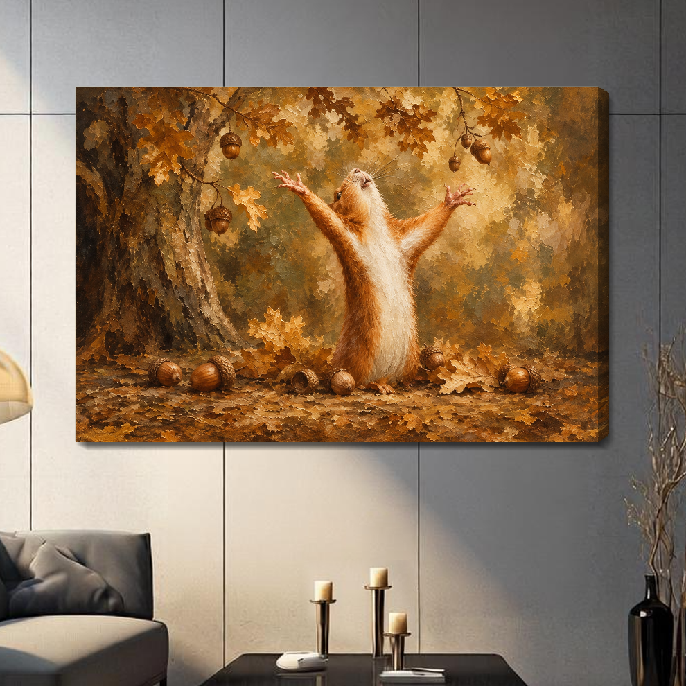 Stretched canvas depicting a squirrel raising its paws among autumn leaves displayed on a gray paneled wall with candles.