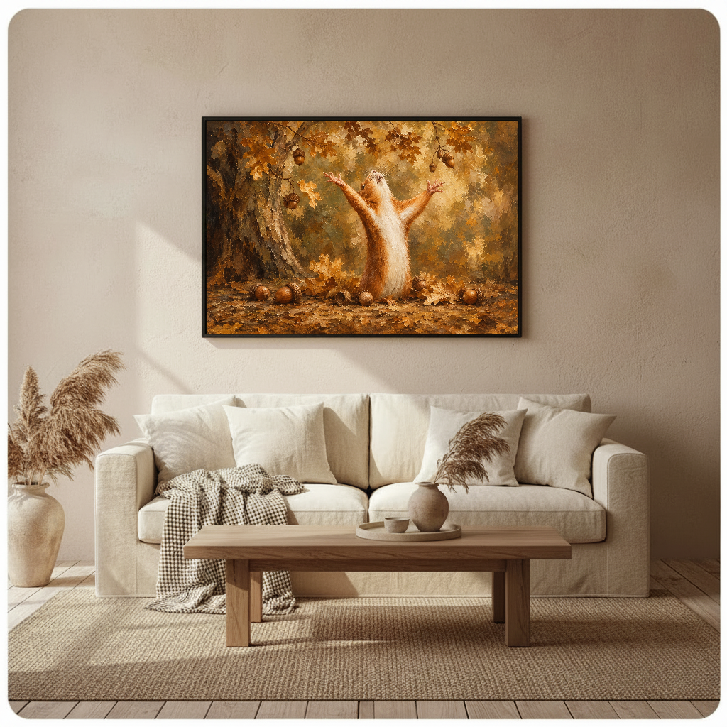 Framed artwork of a squirrel raising its paws among autumn leaves above a cream sofa with neutral cushions.