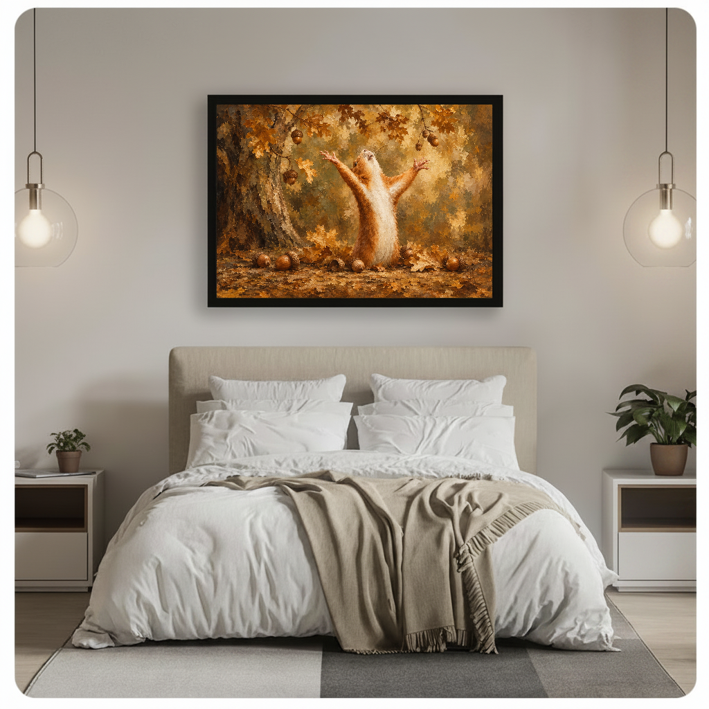 Framed artwork of a squirrel raising its paws among autumn leaves above a neutral double bed with hanging lights.