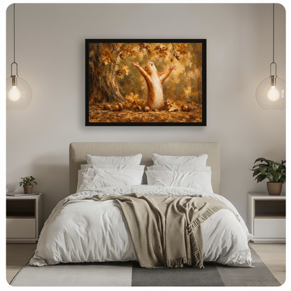 Framed artwork of a squirrel raising its paws among autumn leaves above a neutral double bed with hanging lights.