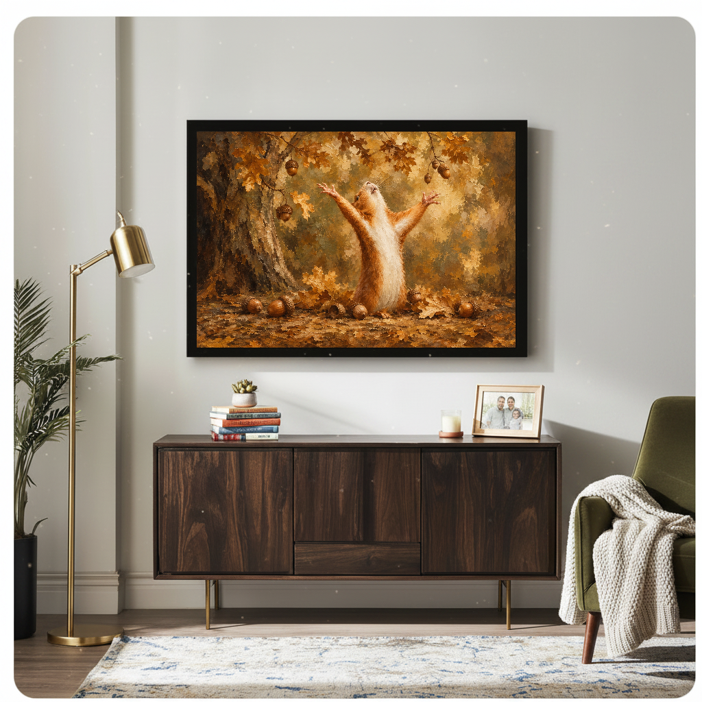 Framed artwork of a squirrel raising its paws among autumn leaves above a wooden cabinet with a gold lamp.