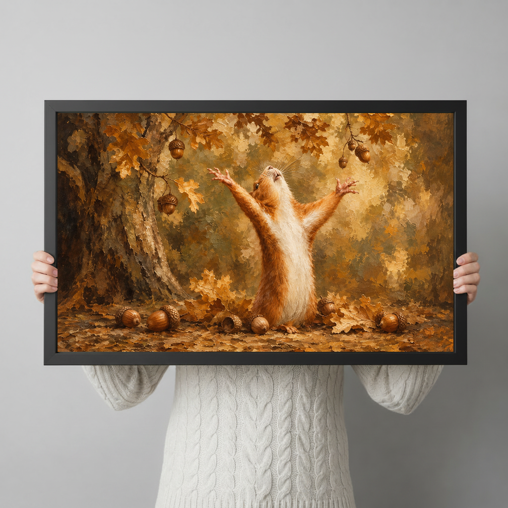 Framed artwork of a squirrel raising its paws among autumn leaves held by a person against a pale backdrop.