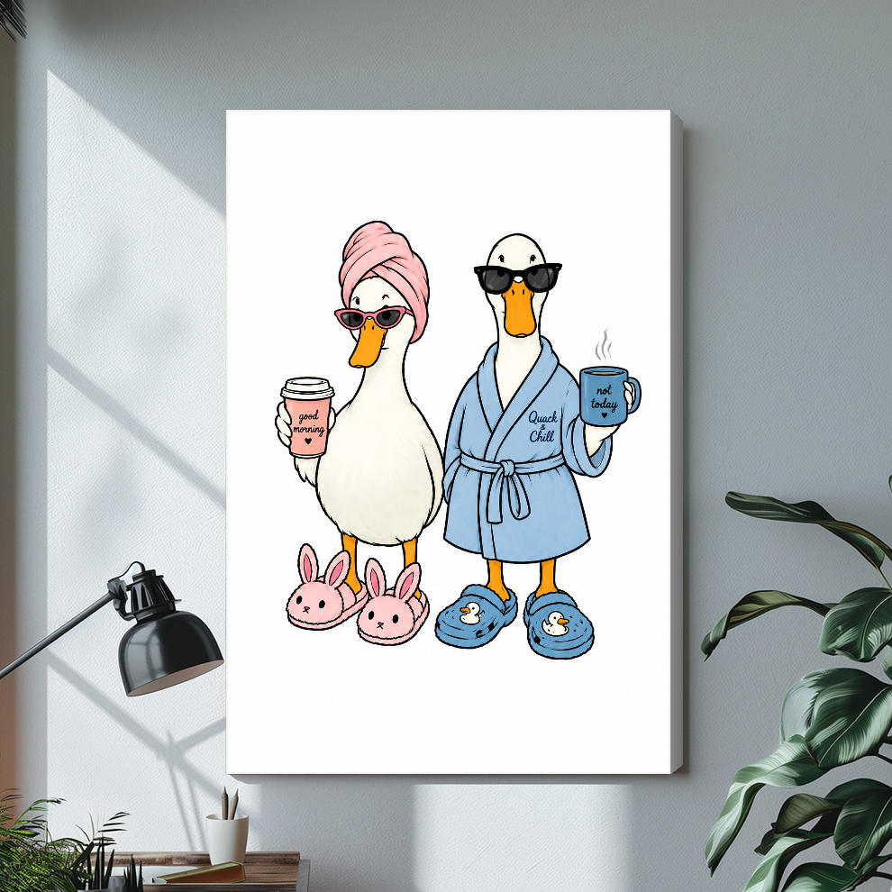 Stretched morning coffee ducks canvas above a light desk, showing a shaded wrapped side edge.