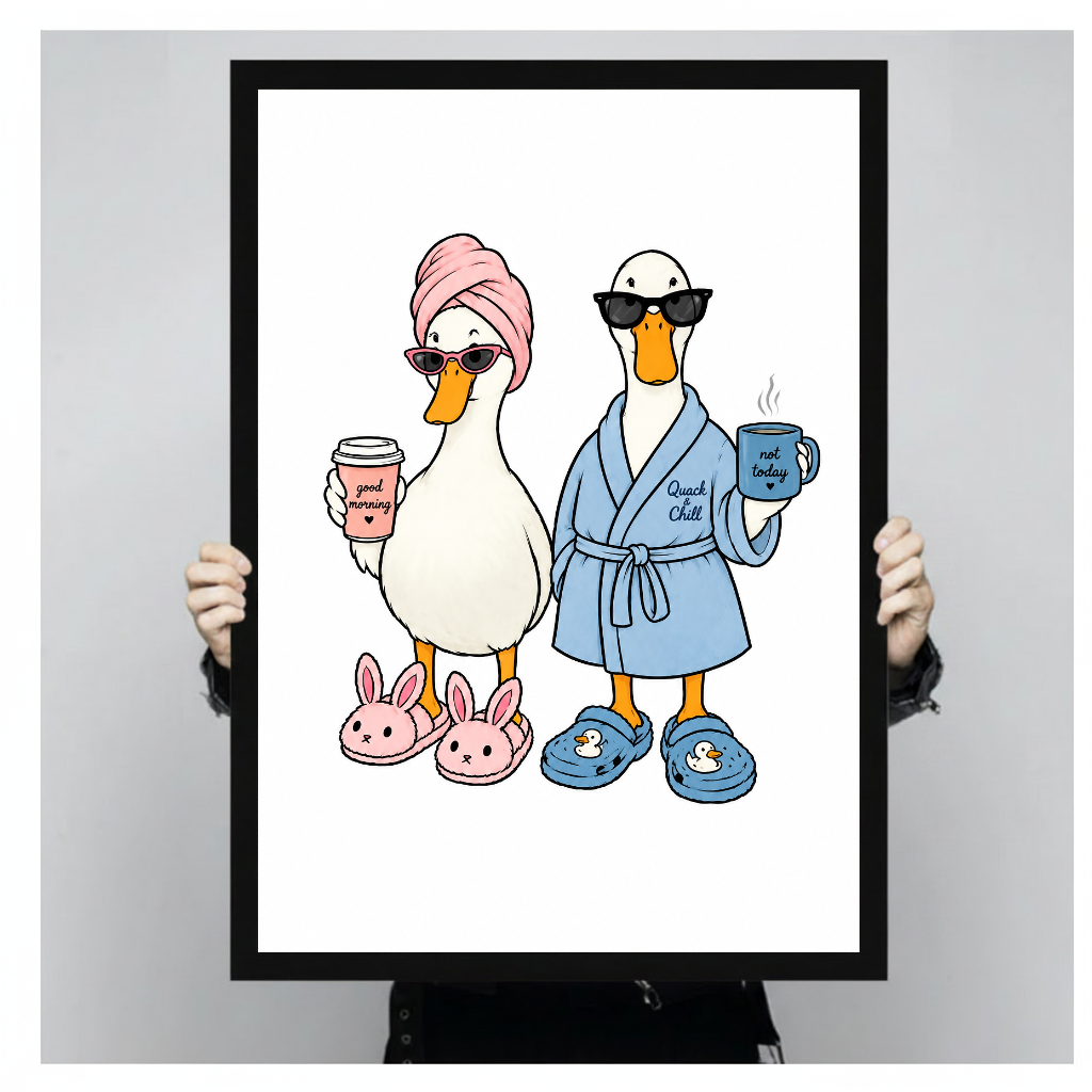 Person holding black framed morning coffee ducks artwork against a plain pale background.