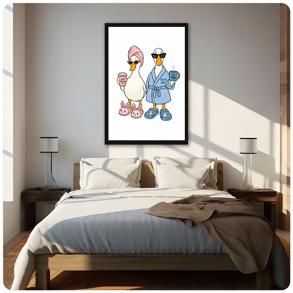 Morning coffee ducks canvas above a neutral bed with lamps and soft window light.