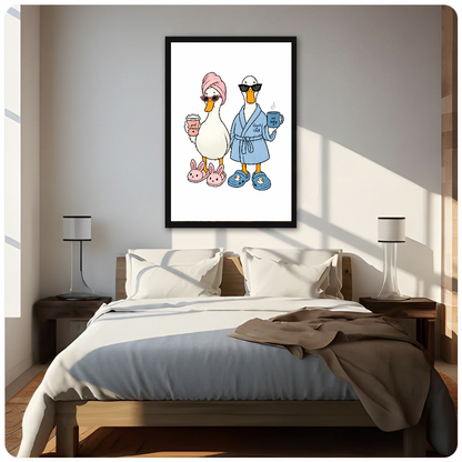 Morning coffee ducks canvas above a neutral bed with lamps and soft window light.