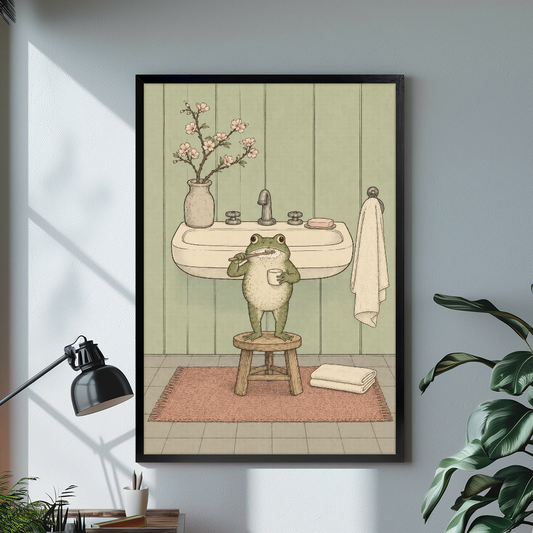 Black framed toothbrushing frog canvas above a bright desk with lamp and green plant.