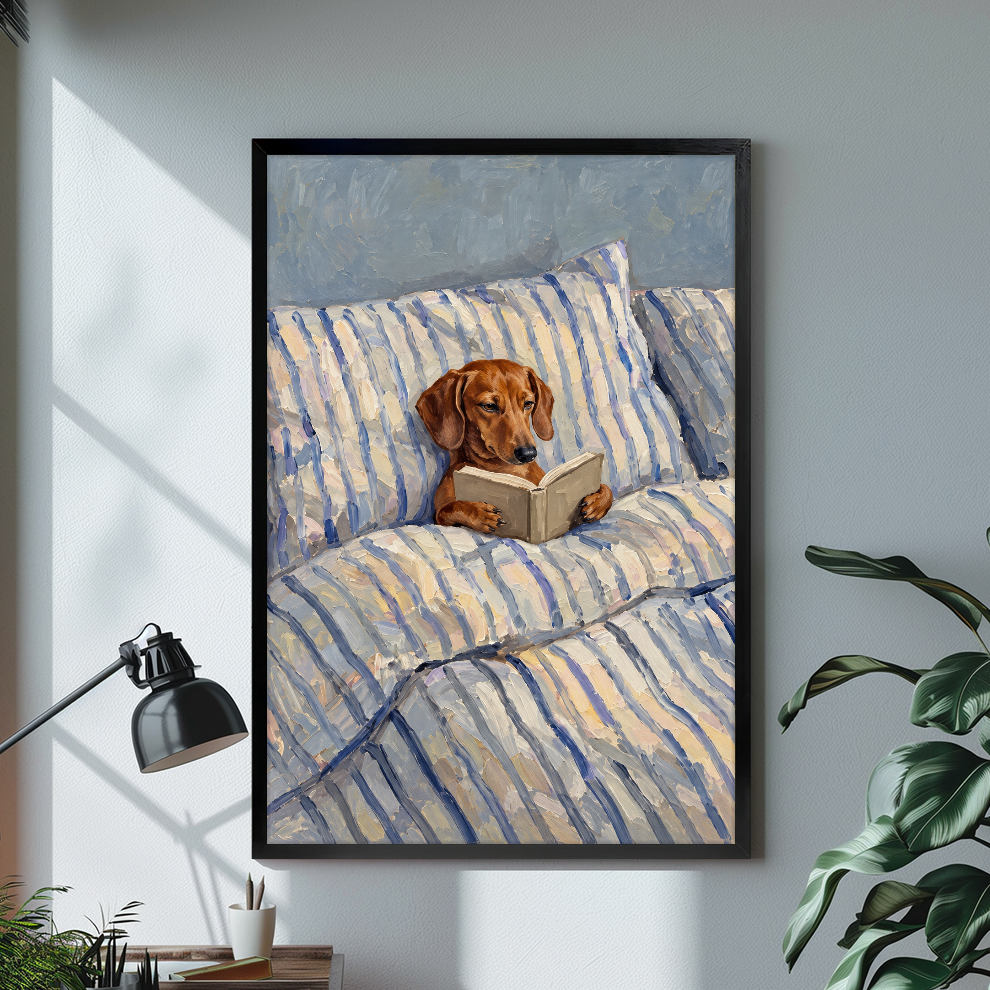 Black framed canvas depicting a dachshund reading in a striped bed on a bright desk with a lamp.