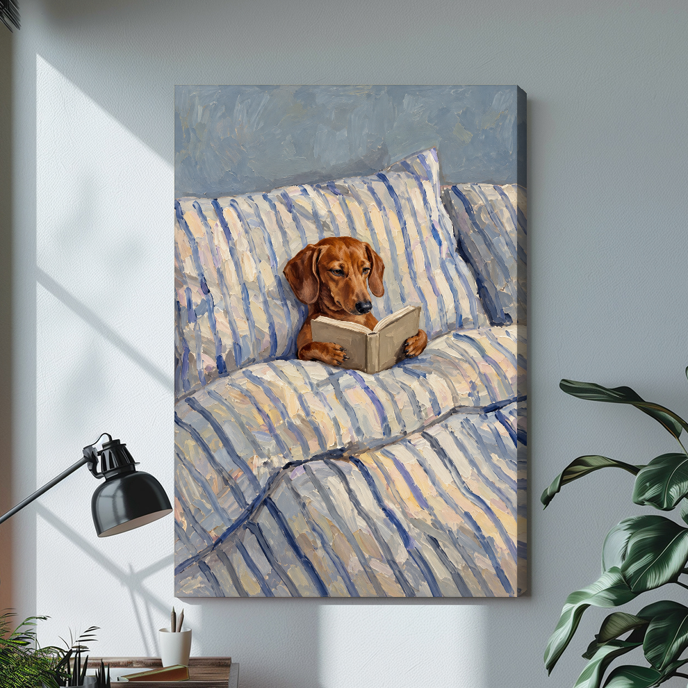 Stretched canvas depicting a dachshund reading in a striped bed displayed on a bright desk with a lamp.