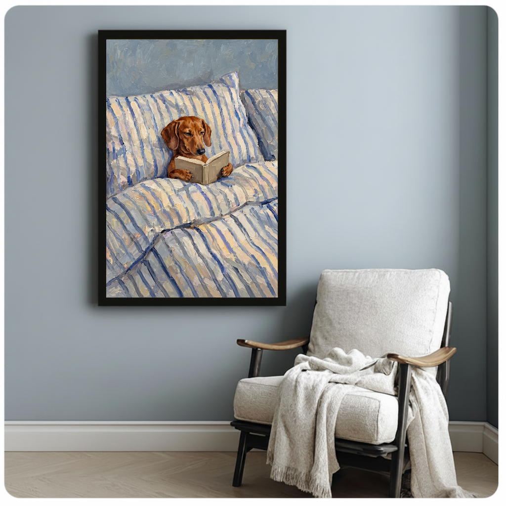Framed artwork of a dachshund reading in a striped bed beside a pale reading chair against a gray wall.