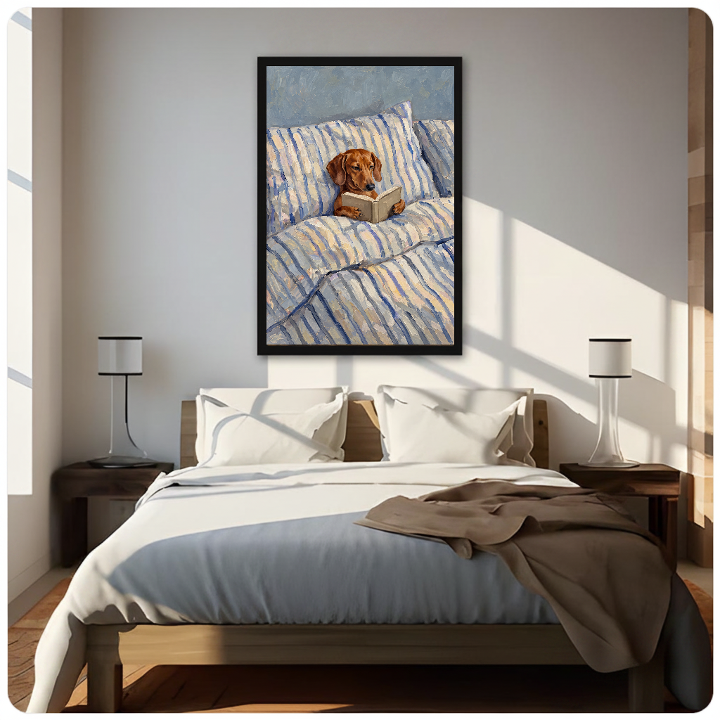 Framed artwork of a dachshund reading in a striped bed above a neutral bed between two bedside lamps.
