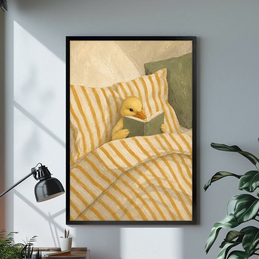 Black framed canvas depicting a duckling reading in a yellow striped bed on a bright desk with a lamp.