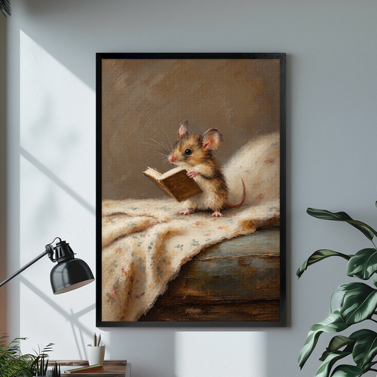 Black framed canvas depicting a mouse reading on floral cloth on a bright desk with a lamp.