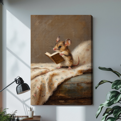 Stretched canvas depicting a mouse reading on floral cloth displayed on a bright desk with a lamp.