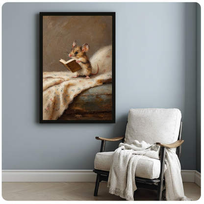 Framed artwork of a mouse reading on floral cloth beside a pale reading chair against a gray wall.