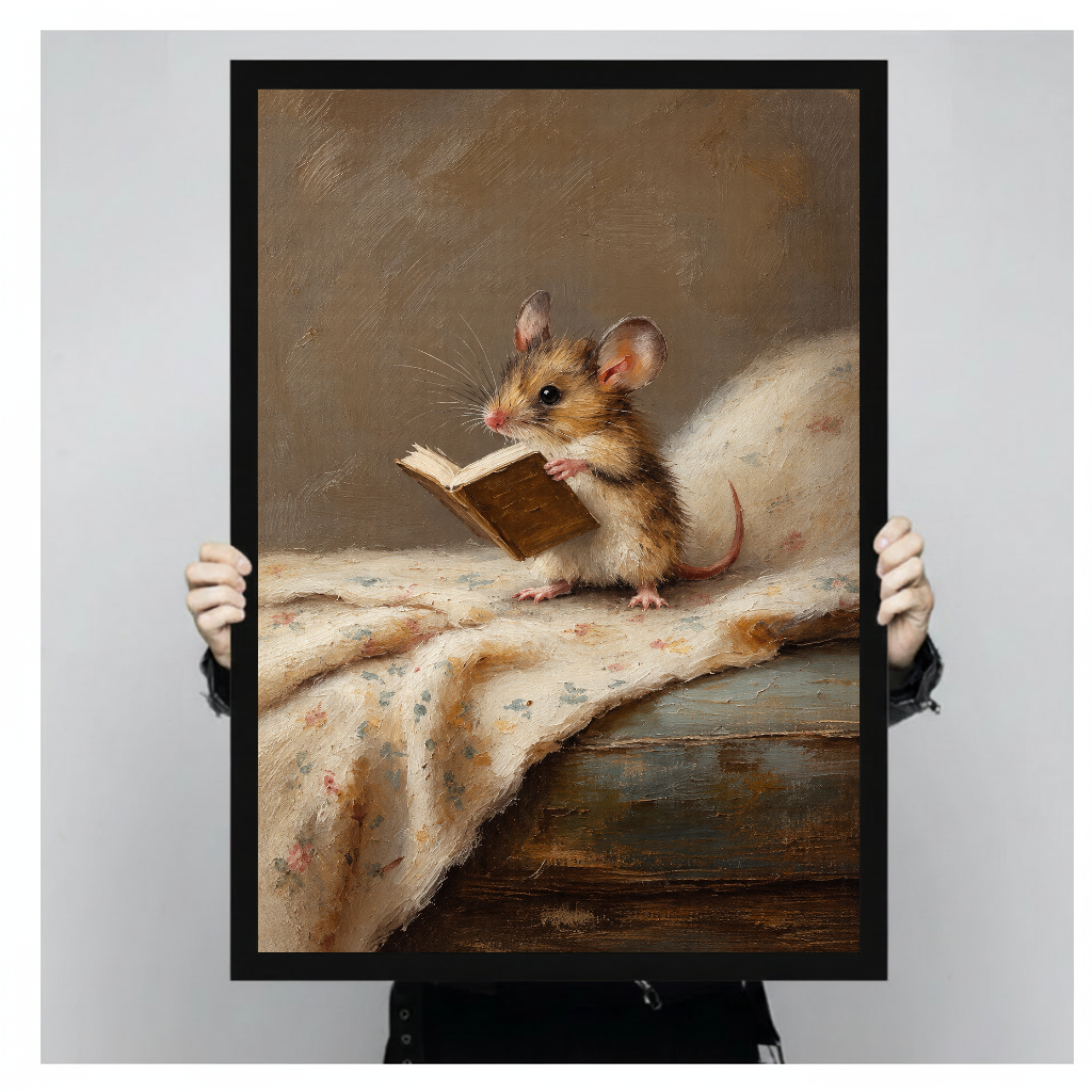 Framed artwork of a mouse reading on floral cloth held by a person against a pale backdrop.