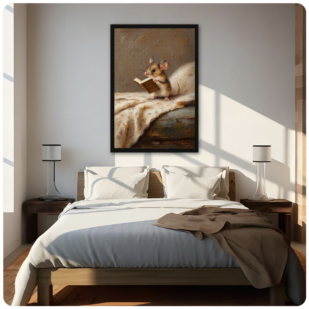 Framed artwork of a mouse reading on floral cloth above a neutral bed between two bedside lamps.