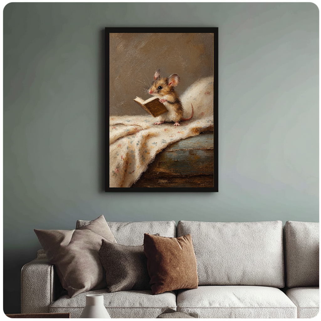 Framed artwork of a mouse reading on floral cloth above a sofa with muted cushions.