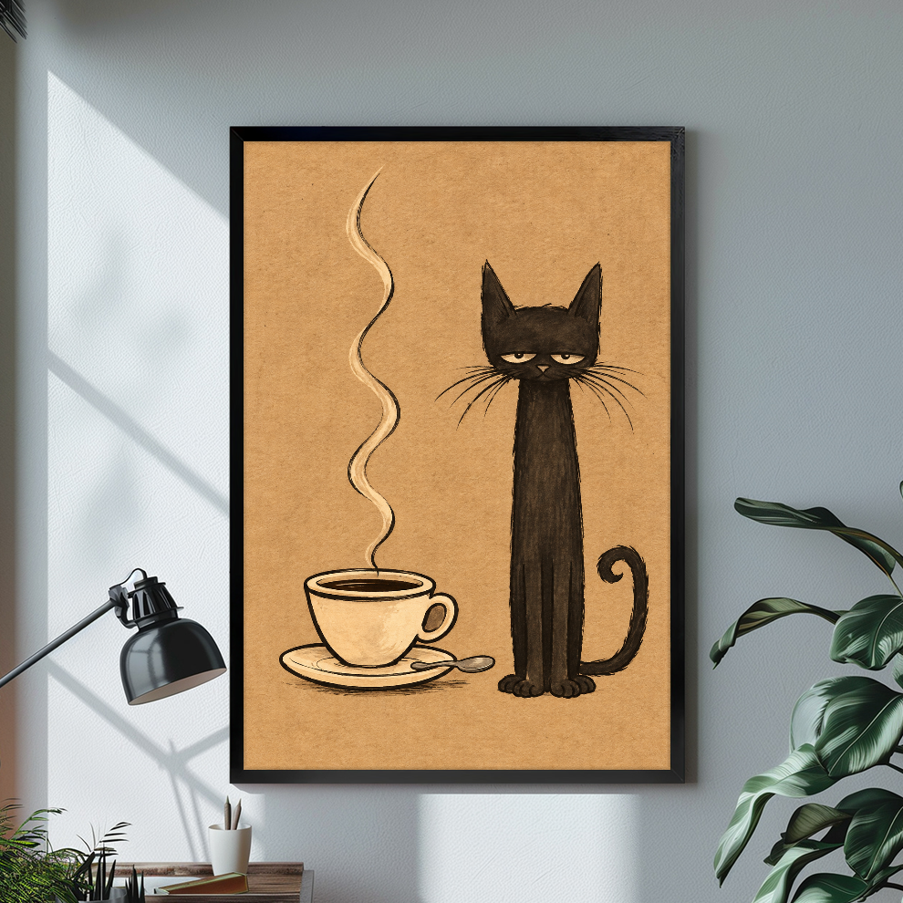 Black framed sleepy coffee cat canvas above a desk with lamp and green plant.