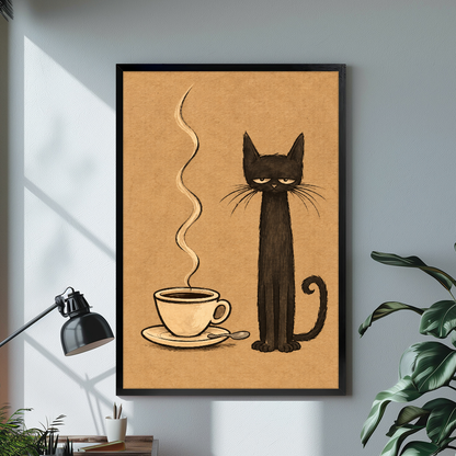 Black framed sleepy coffee cat canvas above a desk with lamp and green plant.