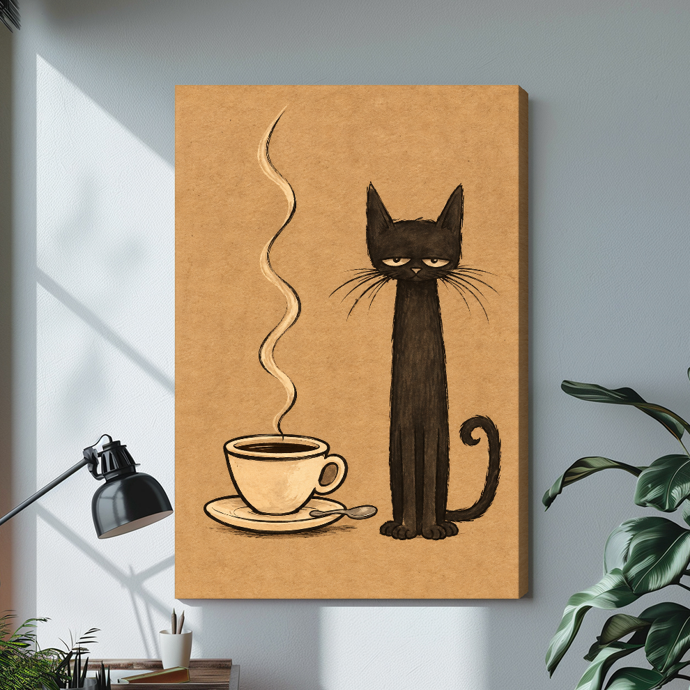 Stretched sleepy coffee cat canvas above a light desk, showing a shaded wrapped side edge.