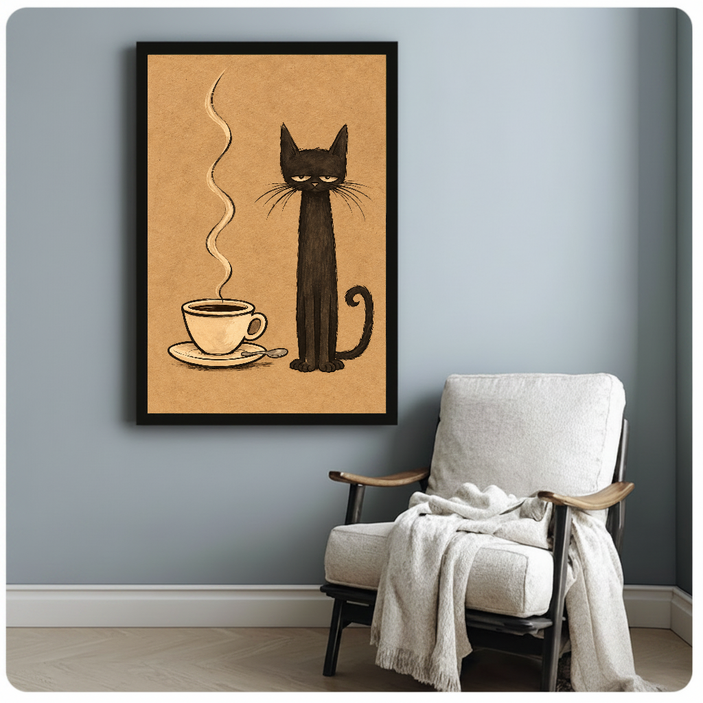 Framed sleepy coffee cat artwork beside a pale reading chair against a blue-gray wall.