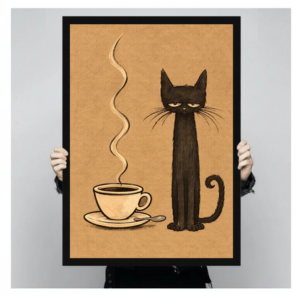 Person holding black framed sleepy coffee cat artwork against a plain pale background.