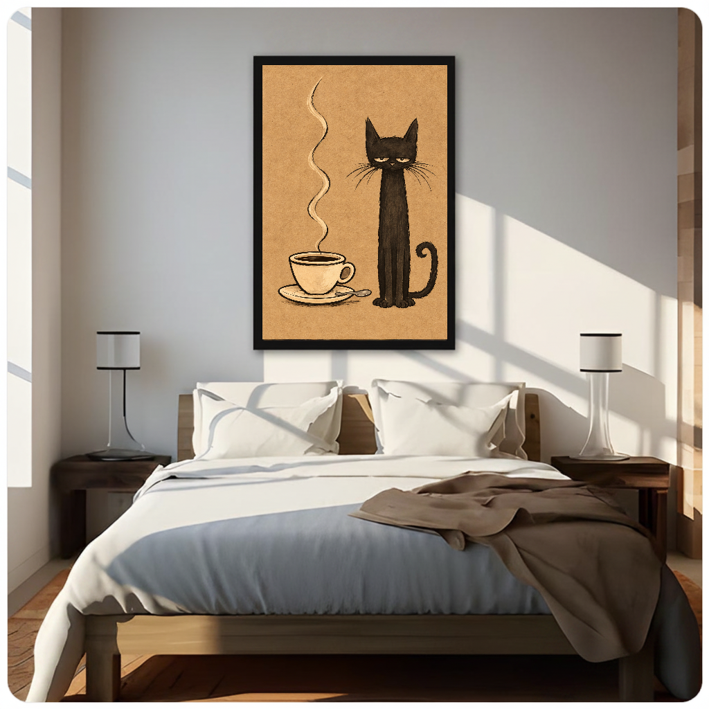 Sleepy coffee cat canvas above a neutral bed with lamps and soft window light.