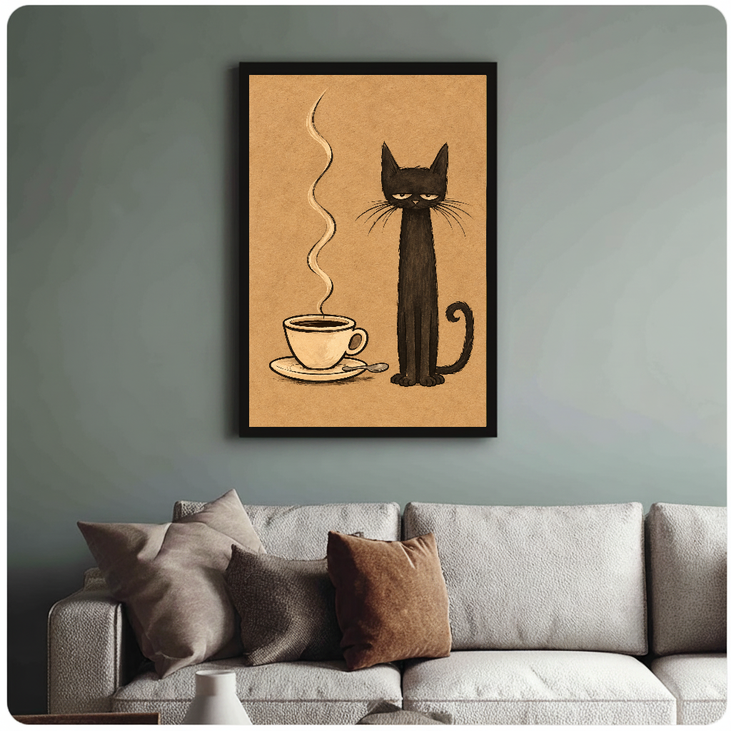 Framed sleepy coffee cat painting above a sofa with muted cushions against a green-gray wall.