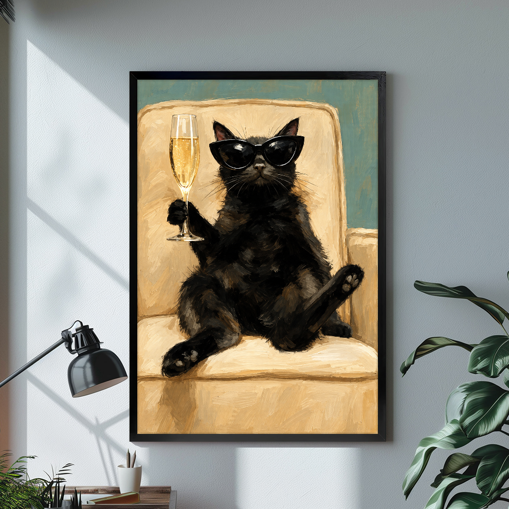 Black framed champagne lounge cat canvas above a desk with lamp and green plant.