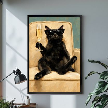 Black framed champagne lounge cat canvas above a desk with lamp and green plant.