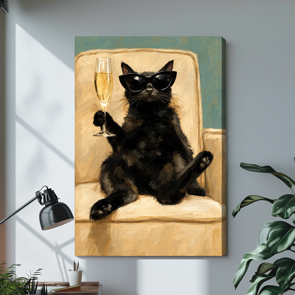 Stretched champagne lounge cat canvas above a light desk, showing a shaded wrapped side edge.